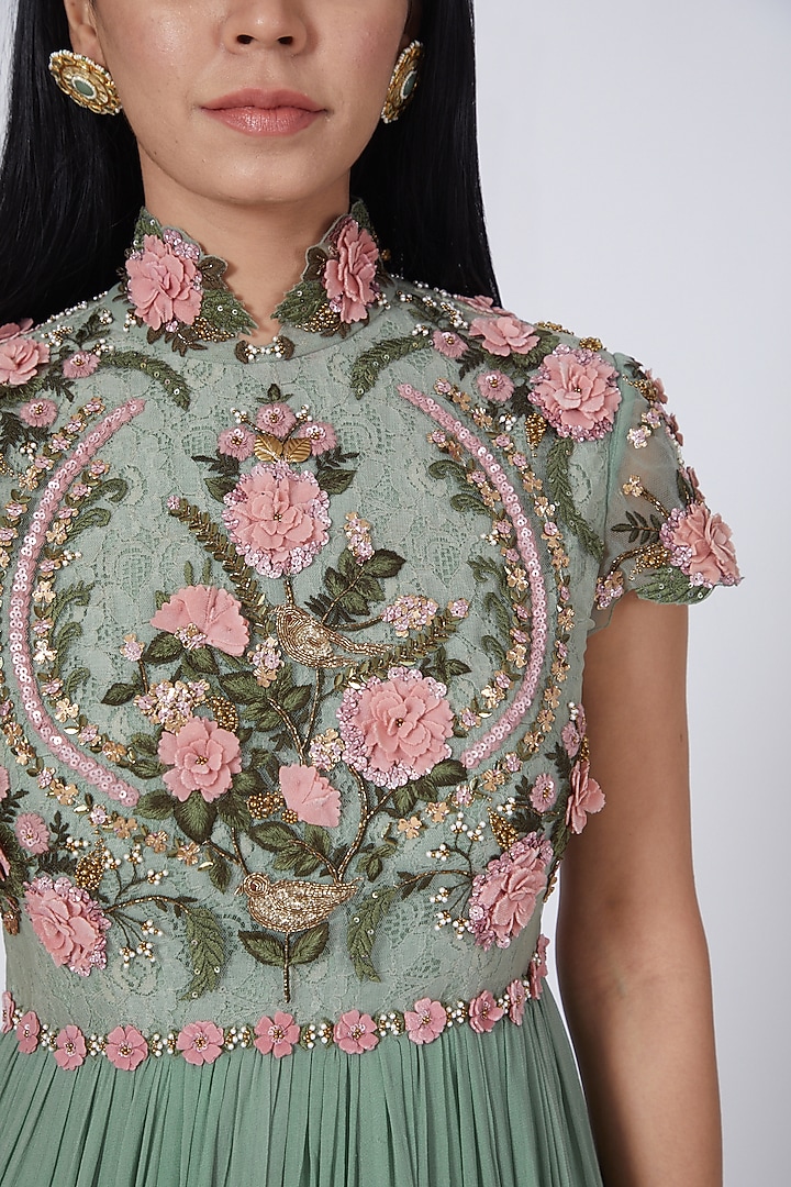 Mint Blue 3D Embroidered Wedding Anarkali Set by Abhishek Vermaa at Pernia's Pop Up Shop