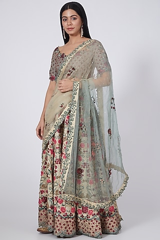 Light Gold Hand Embroidered Lehenga Set by Abhishek Vermaa