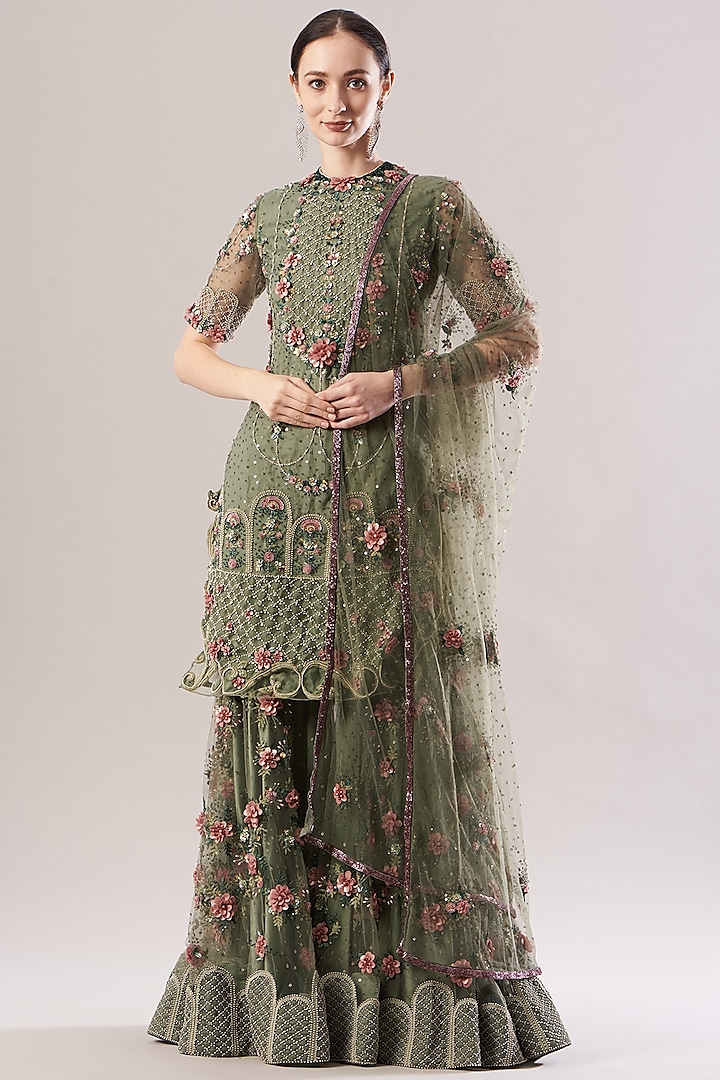 Olive Green Silk Organza Sharara Set by Abhishek Vermaa at Pernia's Pop Up Shop