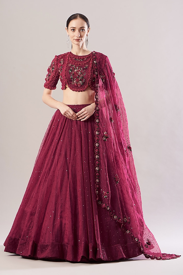 Cranberry Red Hand Embroidered Bridal Lehenga Set by Abhishek Vermaa at Pernia's Pop Up Shop