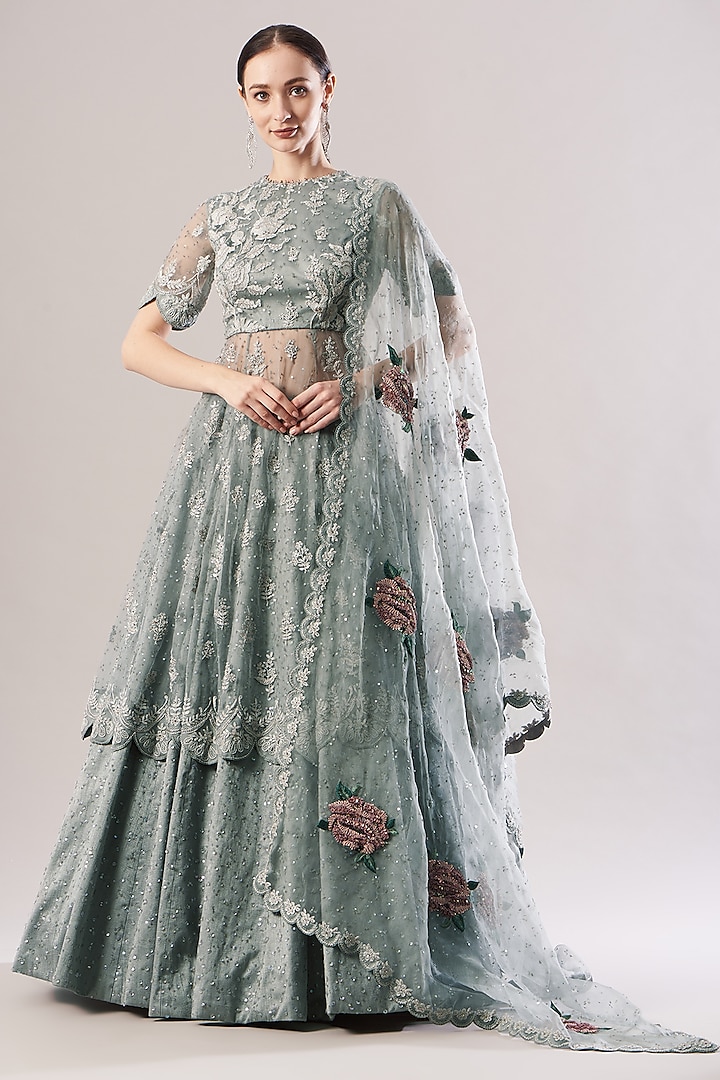 Dusty Blue Embroidered Bridal Lehenga Set by Abhishek Vermaa at Pernia's Pop Up Shop