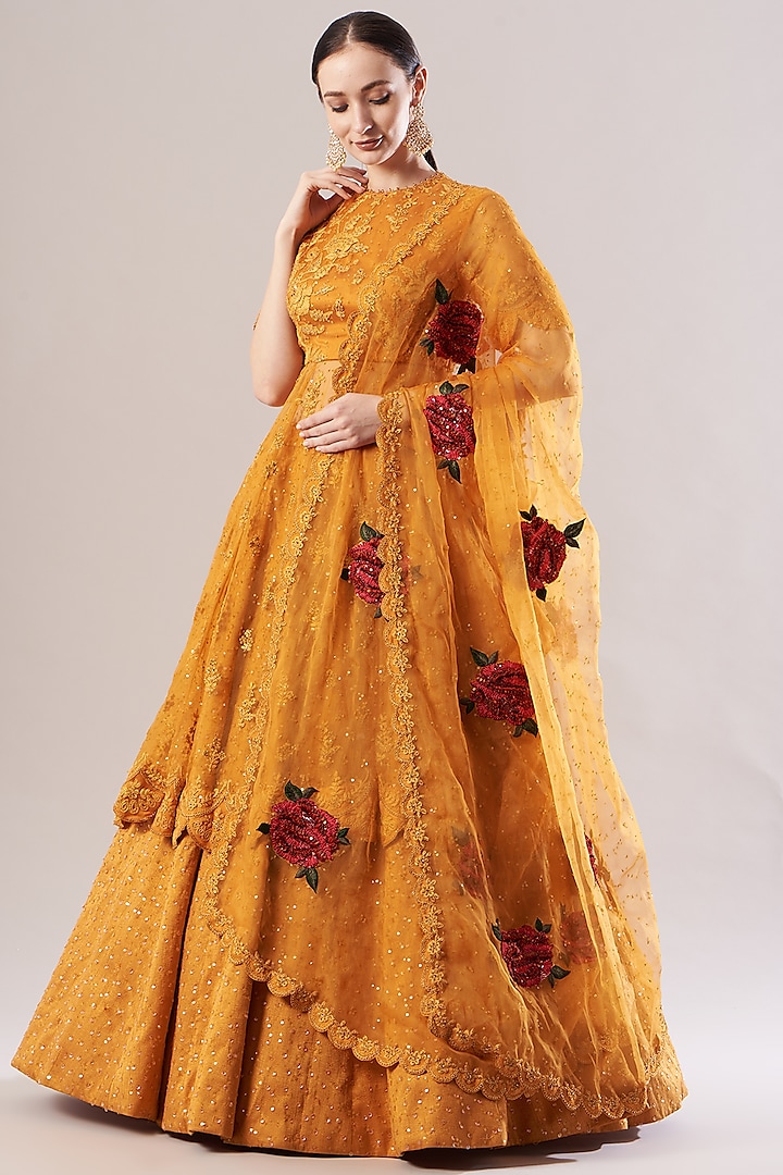 Yellow Silk Organza Embroidered Bridal Lehenga Set by Abhishek Vermaa at Pernia's Pop Up Shop