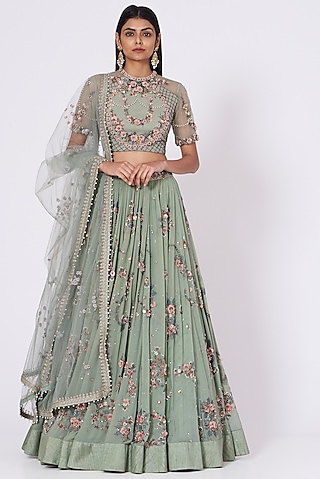 Buy Mint Green Net Embroidered N Sequins Umbrella Lehenga Wedding Wear  Online at Best Price