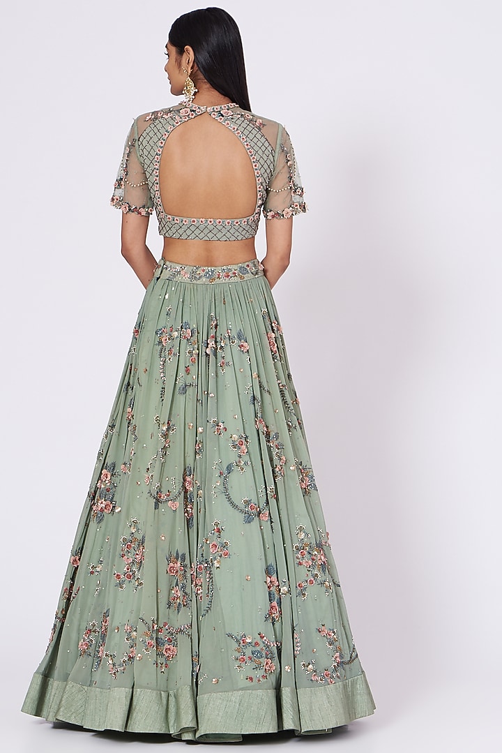 Mint Blue Floral Embroidered Bridal Lehenga Set by Abhishek Vermaa at Pernia's Pop Up Shop