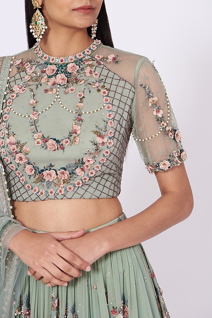 Mint Blue Floral Embroidered Bridal Lehenga Set by Abhishek Vermaa at Pernia's Pop Up Shop