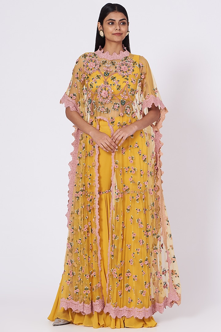 Sunflower Yellow 3D Embroidered Cape Set by Abhishek Vermaa