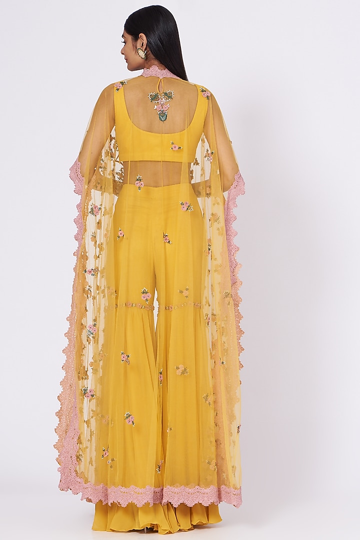 Sunflower Yellow 3D Embroidered Cape Set by Abhishek Vermaa at Pernia's Pop Up Shop