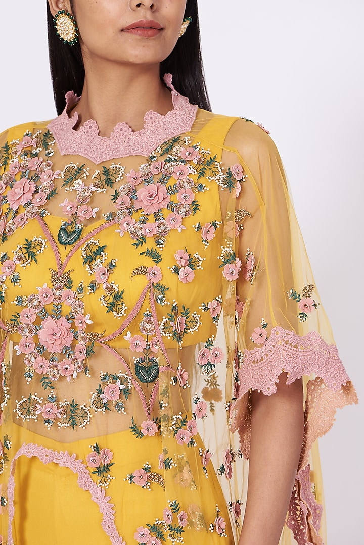 Sunflower Yellow 3D Embroidered Cape Set by Abhishek Vermaa at Pernia's Pop Up Shop