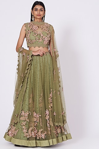 Olive Green Embroidered Lehenga Set by Abhishek Vermaa