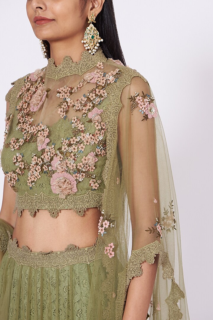 Olive Green Embroidered Wedding Lehenga Set by Abhishek Vermaa at Pernia's Pop Up Shop