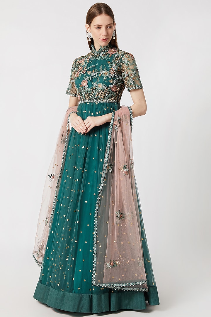 Forest Green Embroidered Anarkali With Dupatta by Abhishek Vermaa