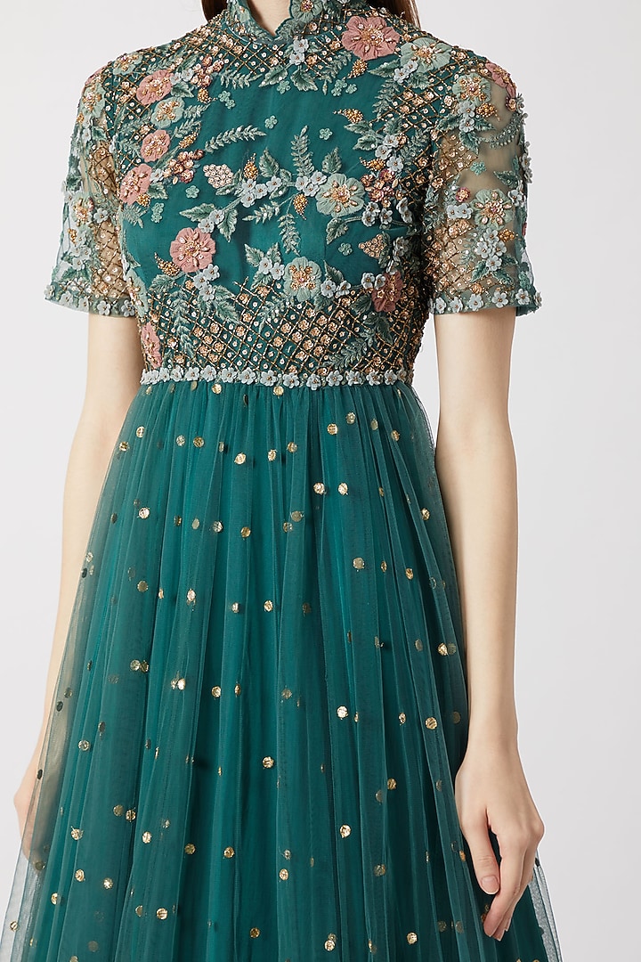Forest Green Embroidered Wedding Anarkali With Dupatta by Abhishek Vermaa at Pernia's Pop Up Shop