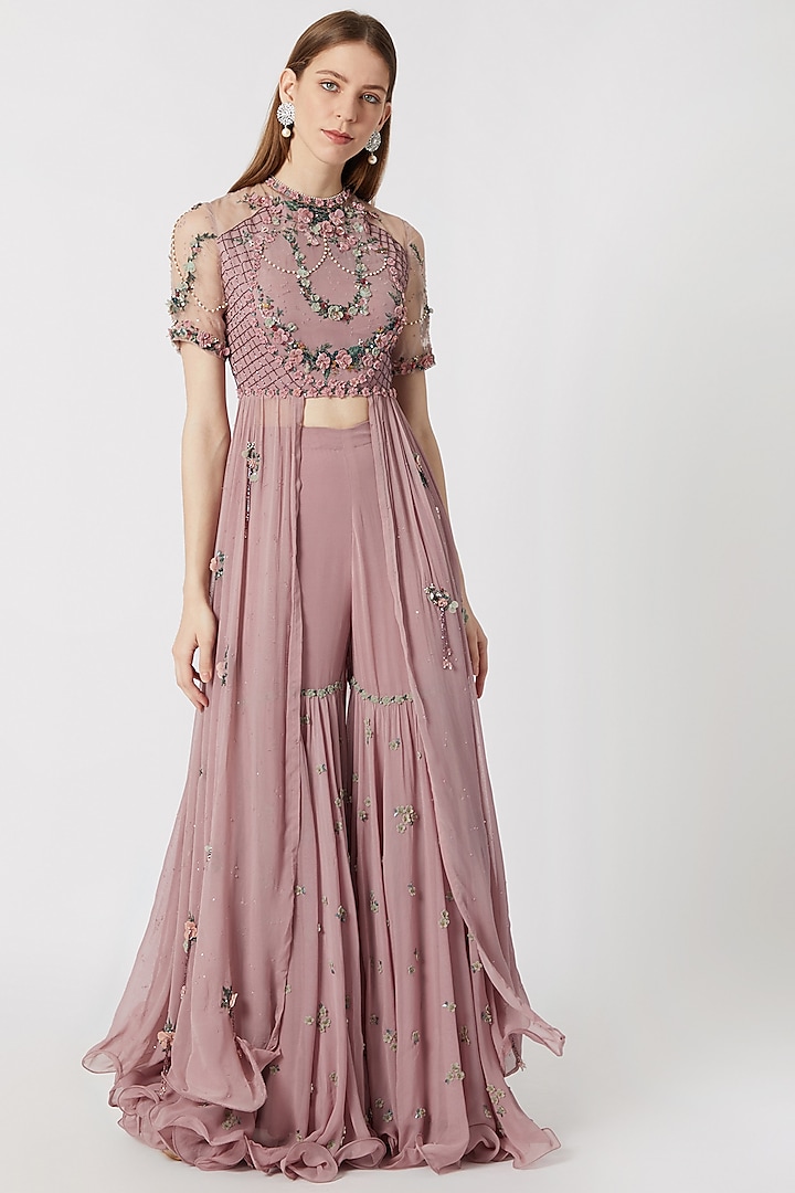 Old Rose Embroidered Top With Sharara Pants by Abhishek Vermaa