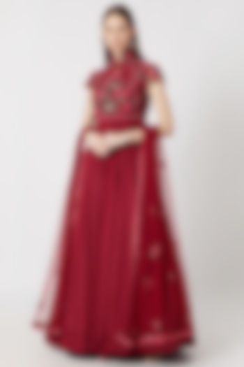 Cranberry Red Embroidered Anarkali With Dupatta by Abhishek Vermaa