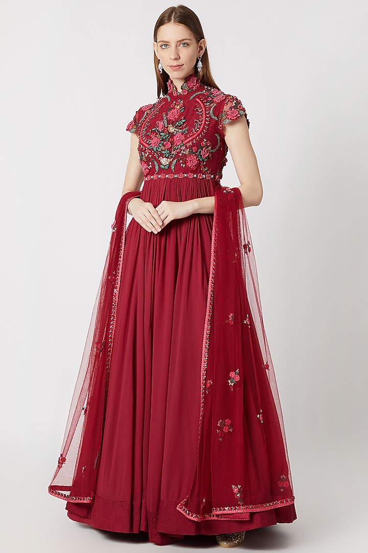 Cranberry Red Embroidered Anarkali With Dupatta by Abhishek Vermaa