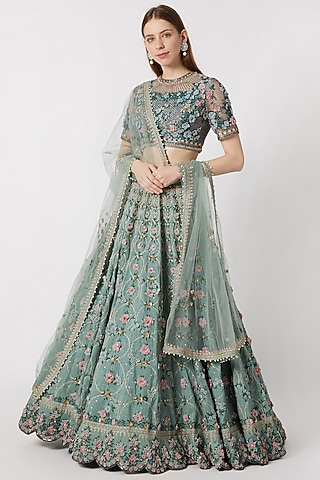 Mint Blue Embroidered Lehenga Set by Abhishek Vermaa