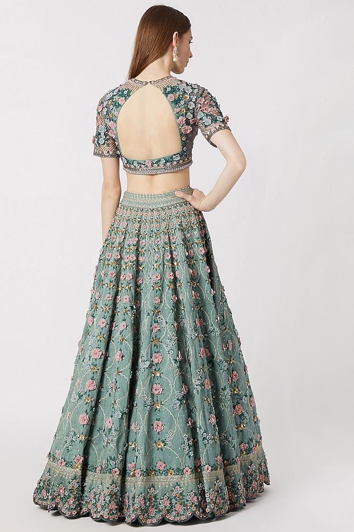 Mint Blue Embroidered Bridal Lehenga Set by Abhishek Vermaa at Pernia's Pop Up Shop