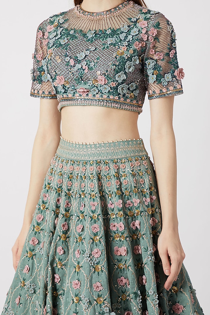Mint Blue Embroidered Bridal Lehenga Set by Abhishek Vermaa at Pernia's Pop Up Shop