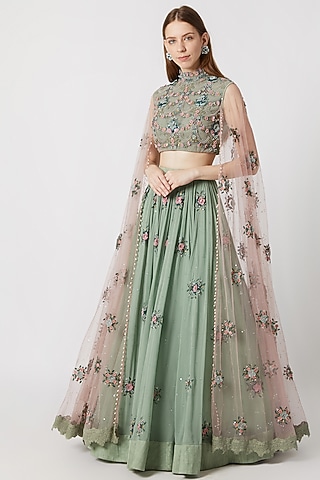 Mint Blue Embroidered Lehenga With Choli by Abhishek Vermaa