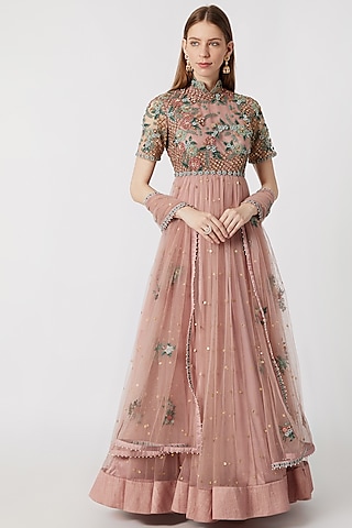 Onion Pink Embroidered Anarkali With Dupatta by Abhishek Vermaa