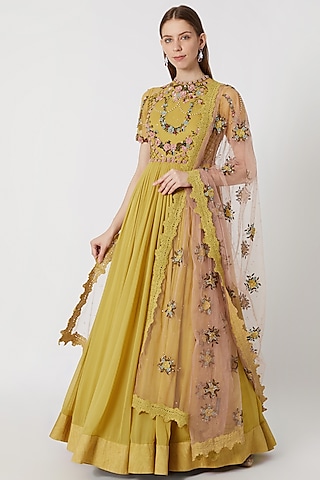 Moss Yellow Embroidered Anarkali With Dupatta by Abhishek Vermaa