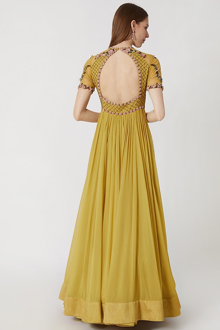 Moss Yellow Embroidered Wedding Anarkali With Dupatta by Abhishek Vermaa at Pernia's Pop Up Shop
