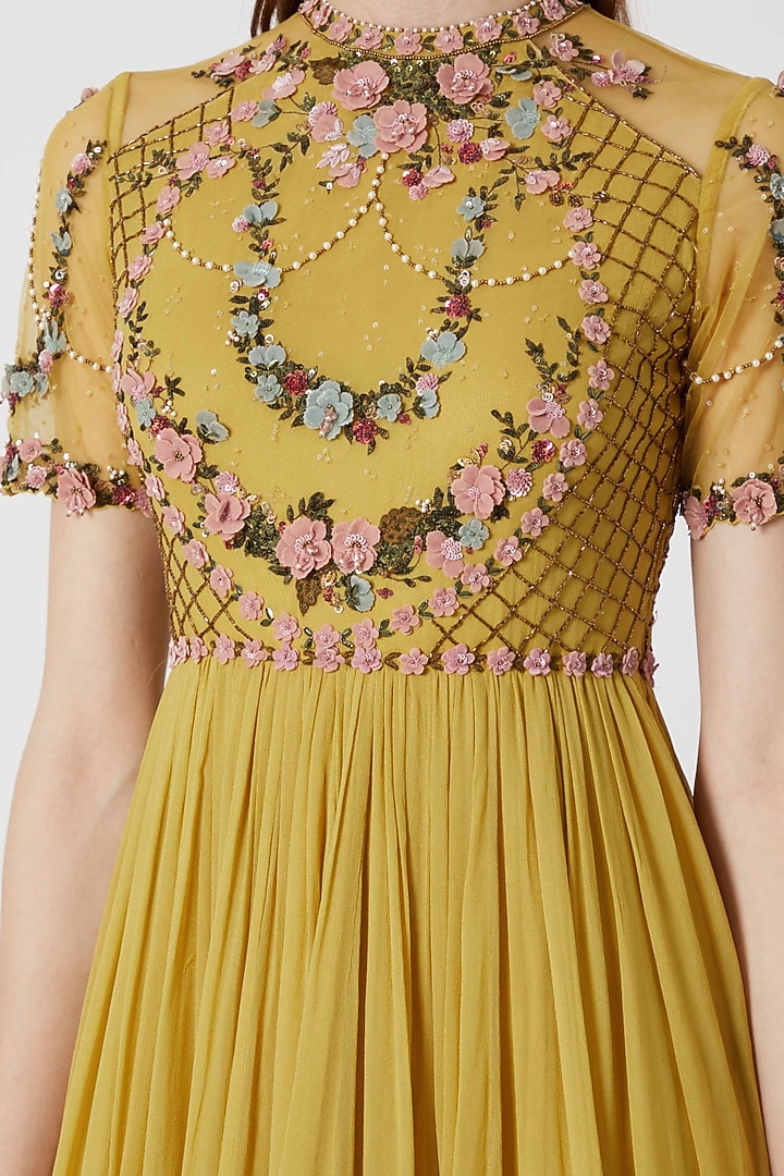 Moss Yellow Embroidered Wedding Anarkali With Dupatta by Abhishek Vermaa at Pernia's Pop Up Shop