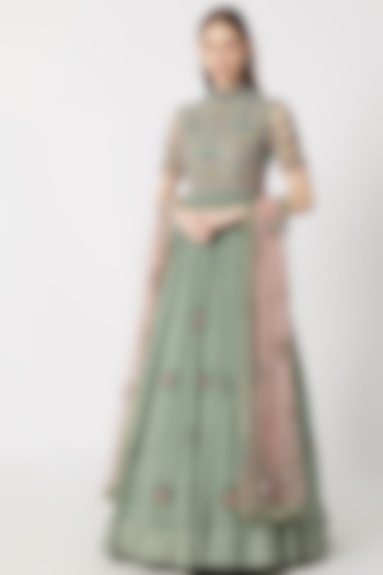 Mint Blue Embroidered Anarkali With Dupatta by Abhishek Vermaa