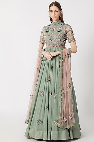 Mint Blue Embroidered Anarkali With Dupatta by Abhishek Vermaa