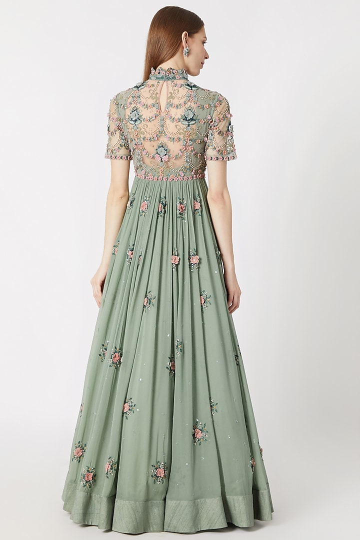 Mint Blue Embroidered Bridal Anarkali With Dupatta by Abhishek Vermaa at Pernia's Pop Up Shop