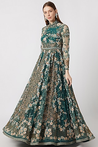 Forest Green Embroidered Anarkali With Can-Can by Abhishek Vermaa