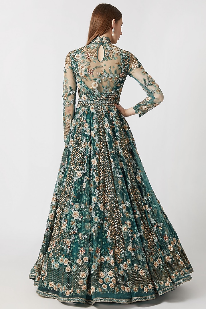 Forest Green Embroidered Bridal Anarkali With Can-Can by Abhishek Vermaa at Pernia's Pop Up Shop