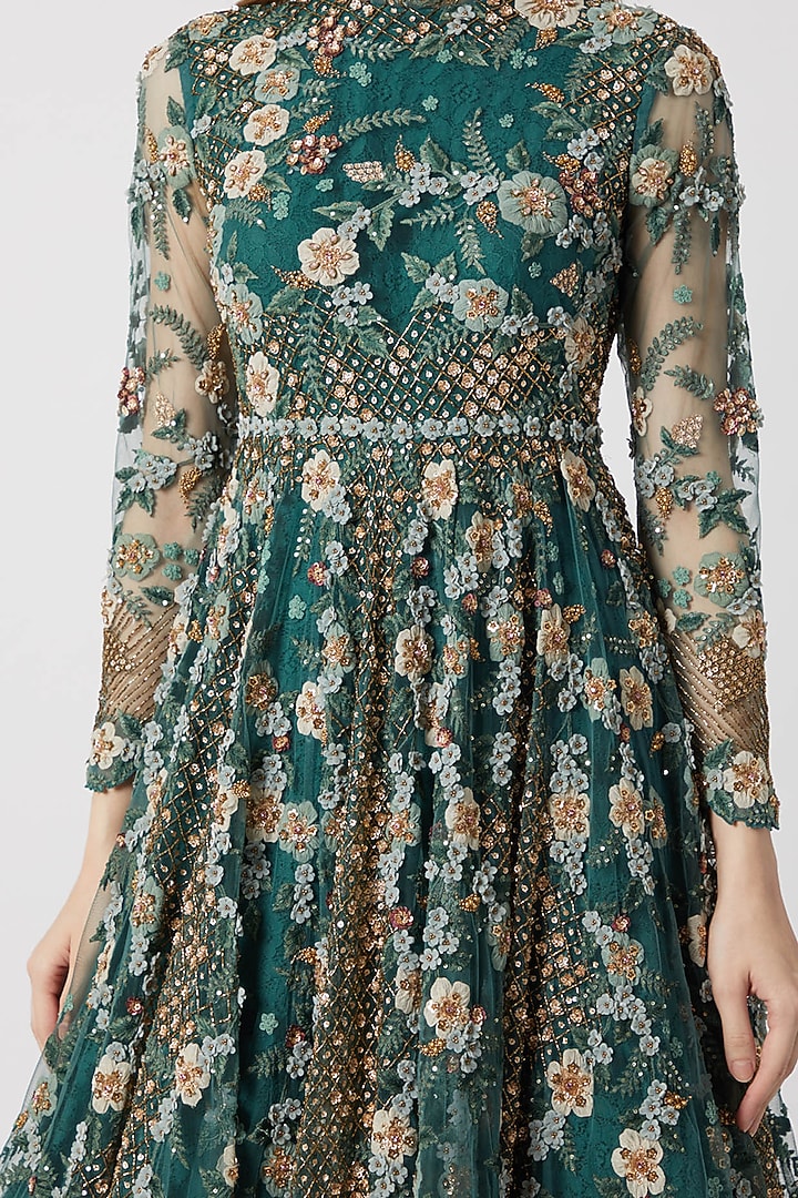 Forest Green Embroidered Bridal Anarkali With Can-Can by Abhishek Vermaa at Pernia's Pop Up Shop