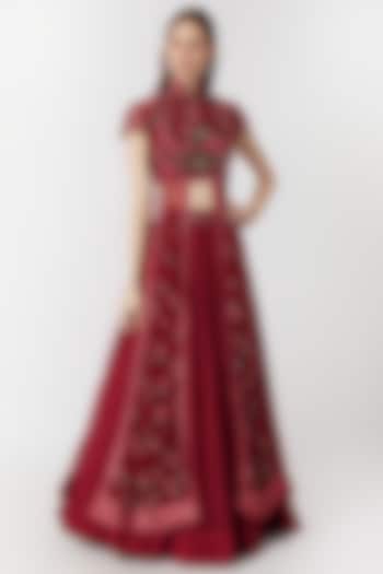 Cranberry Red Embroidered Lehenga With Blouse by Abhishek Vermaa