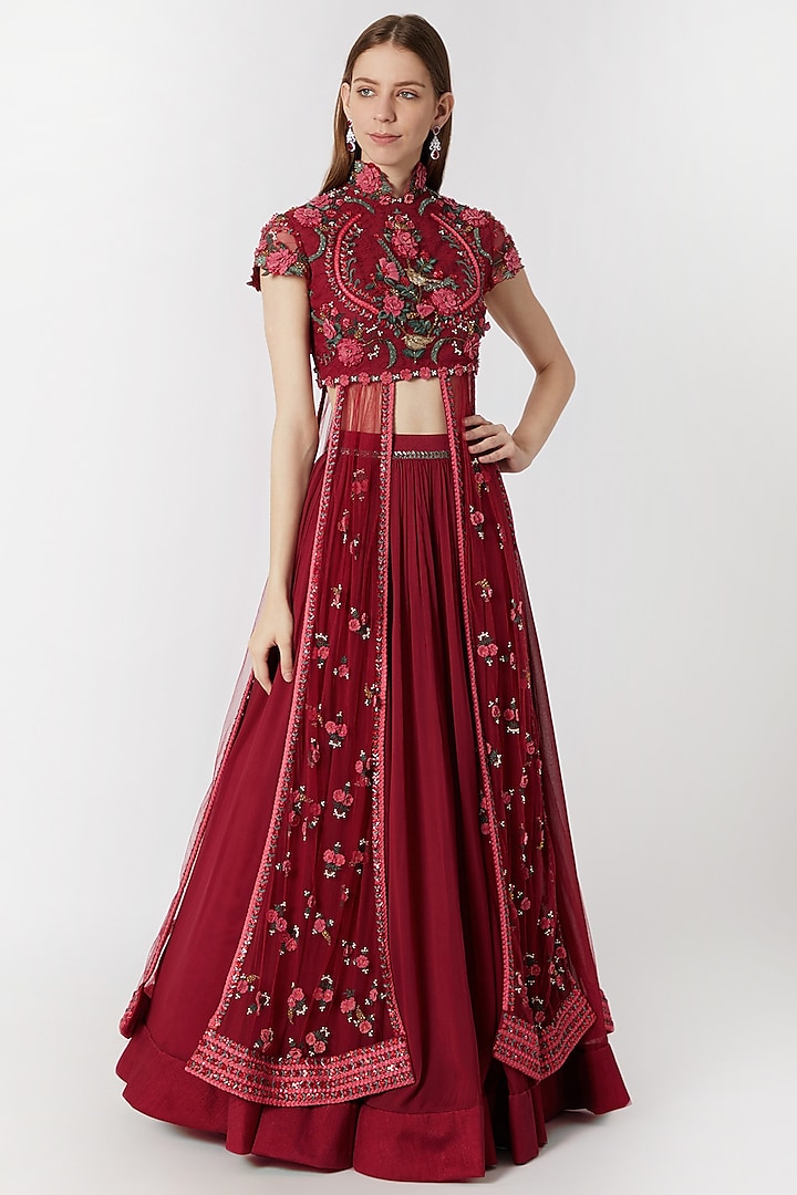 Cranberry Red Embroidered Lehenga With Blouse by Abhishek Vermaa
