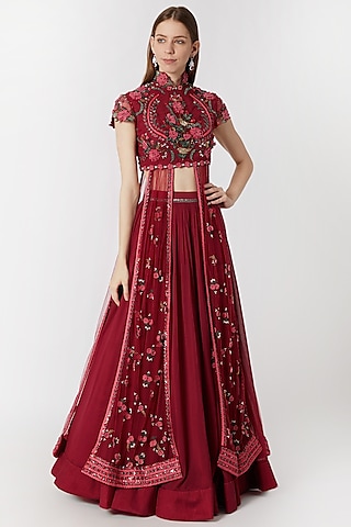 Cranberry Red Embroidered Lehenga With Blouse by Abhishek Vermaa
