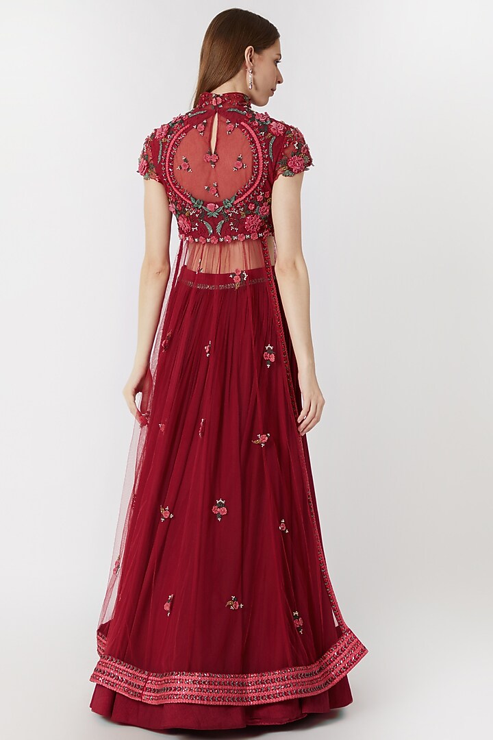 Cranberry Red Embroidered Wedding Lehenga With Blouse by Abhishek Vermaa at Pernia's Pop Up Shop