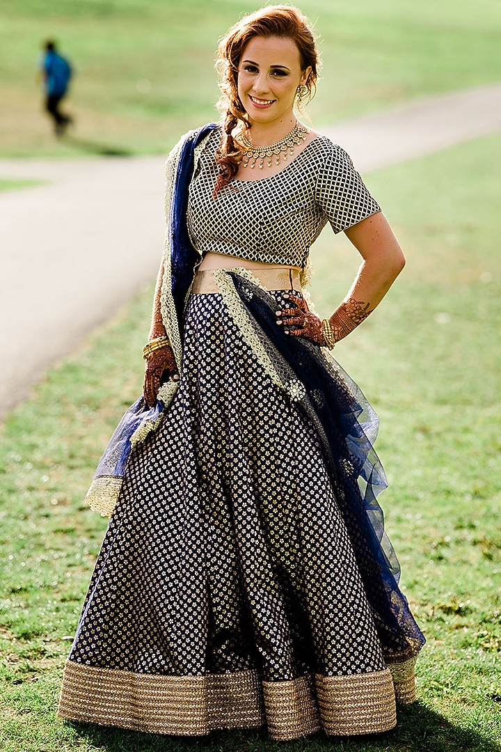 Navy blue embroidered lehenga set available only at Pernia's Pop Up Shop.