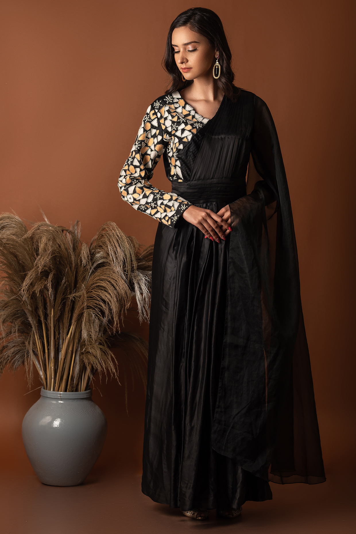 Black Thread Embroidered Gown by Label Deepshika Agarwal at Pernia's Pop Up Shop