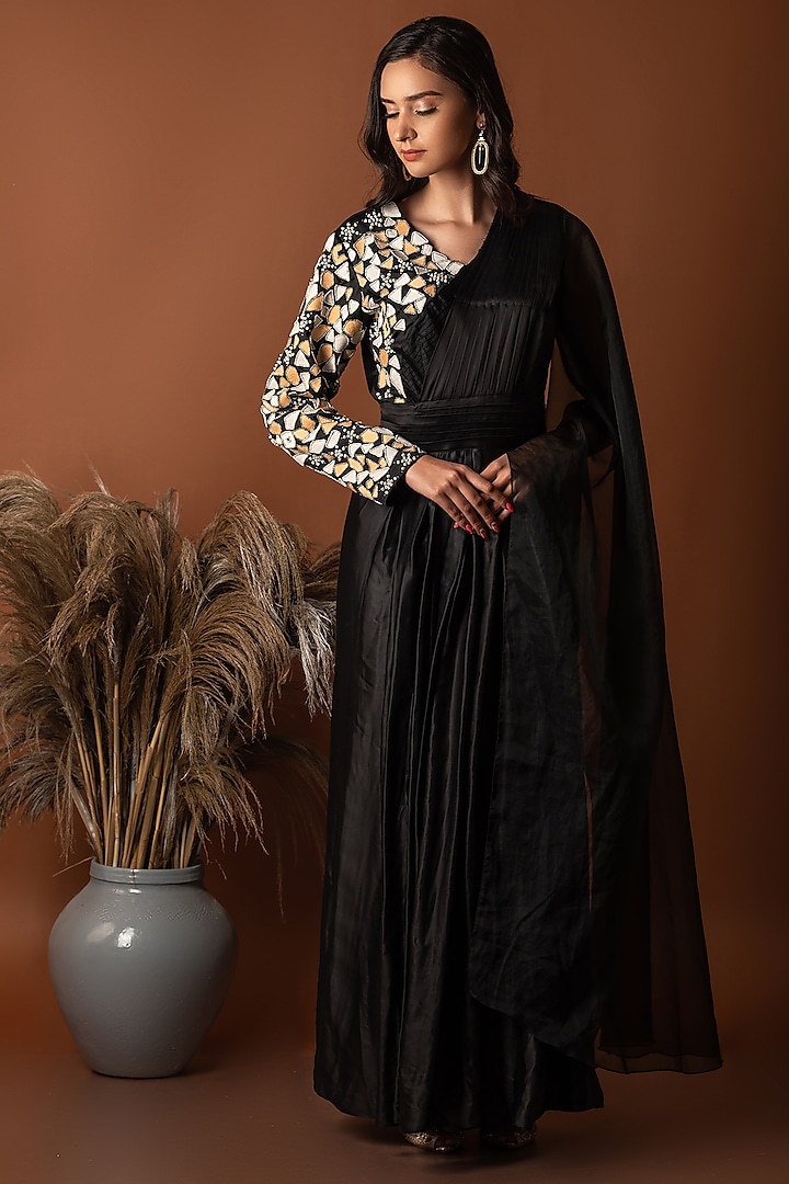 Black Thread Embroidered Gown by Label Deepshika Agarwal