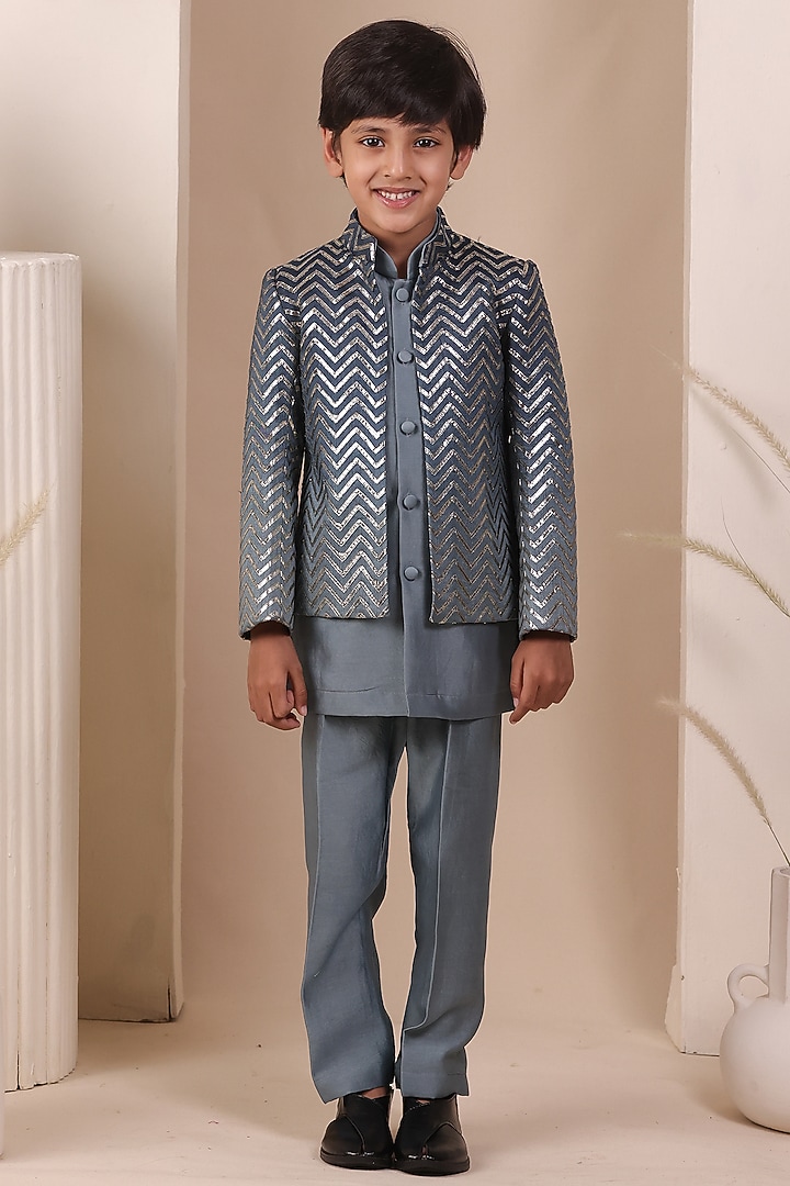Powder Blue Ombre Slub Silk Jodhpuri Jacket Set For Boys by All Boy Couture at Pernia's Pop Up Shop