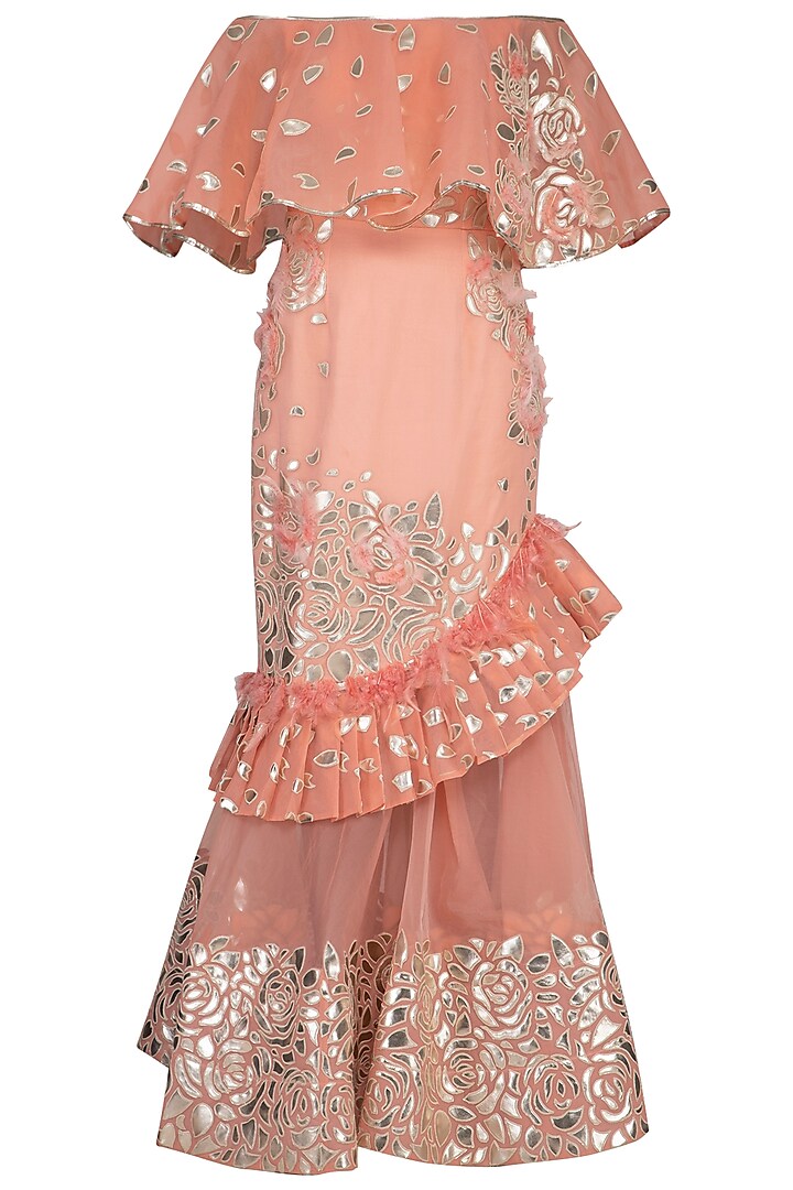 Rose pink Embroidered Frill Gown by Aashima Behl