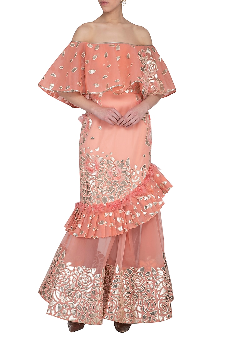 Rose pink Embroidered Frill Engagement Gown by Aashima Behl at Pernia's Pop Up Shop