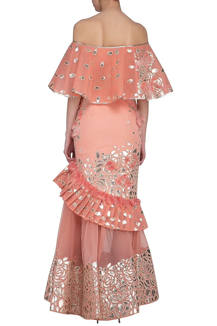 Rose pink Embroidered Frill Engagement Gown by Aashima Behl at Pernia's Pop Up Shop