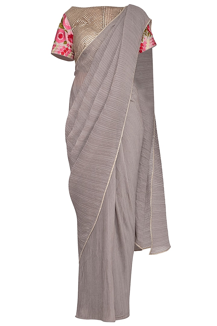 Ash Grey Embroidered Saree Set by Aashima Behl