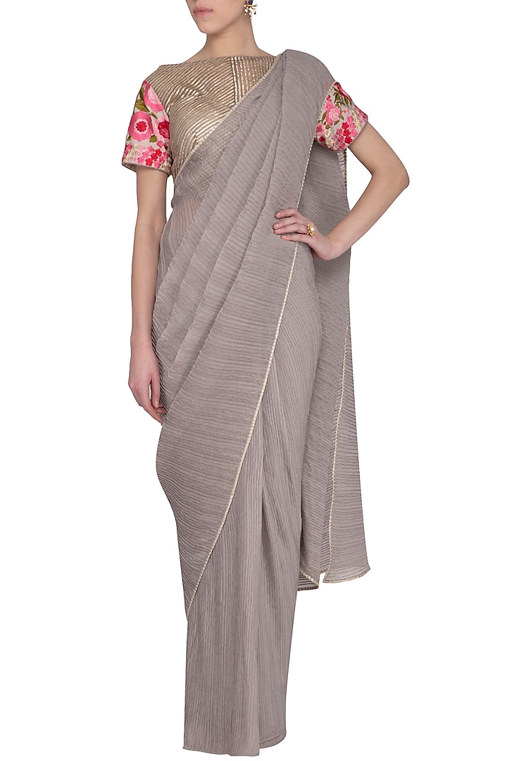 Ash Grey Embroidered Wedding Saree Set by Aashima Behl at Pernia's Pop Up Shop