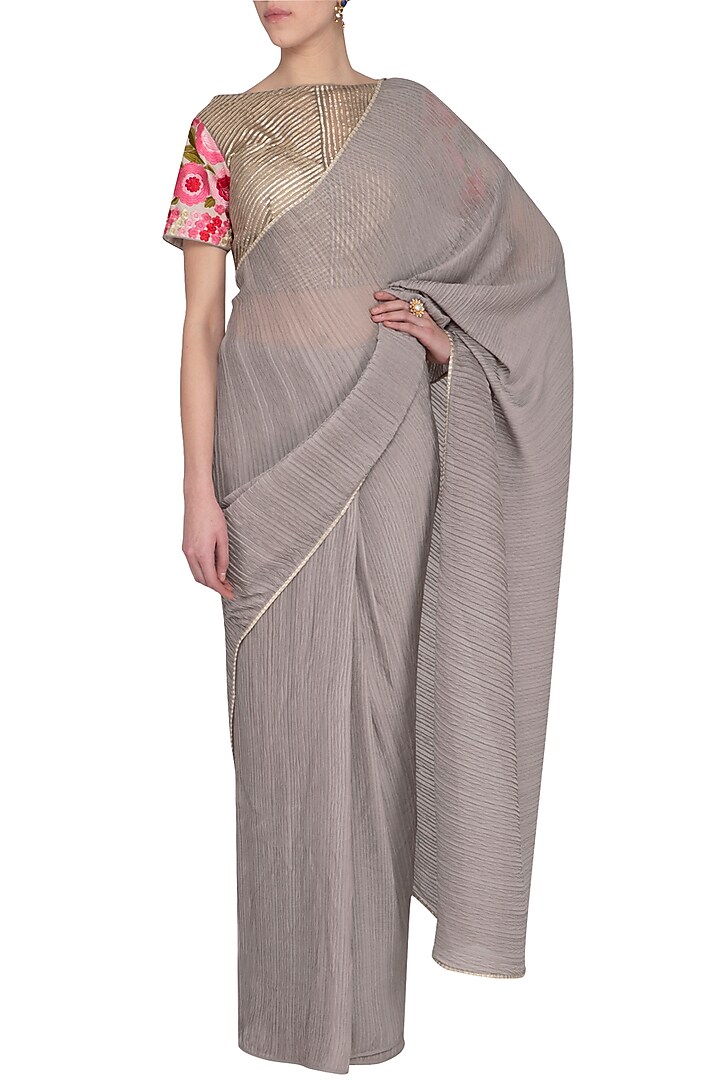 Ash Grey Embroidered Wedding Saree Set by Aashima Behl at Pernia's Pop Up Shop