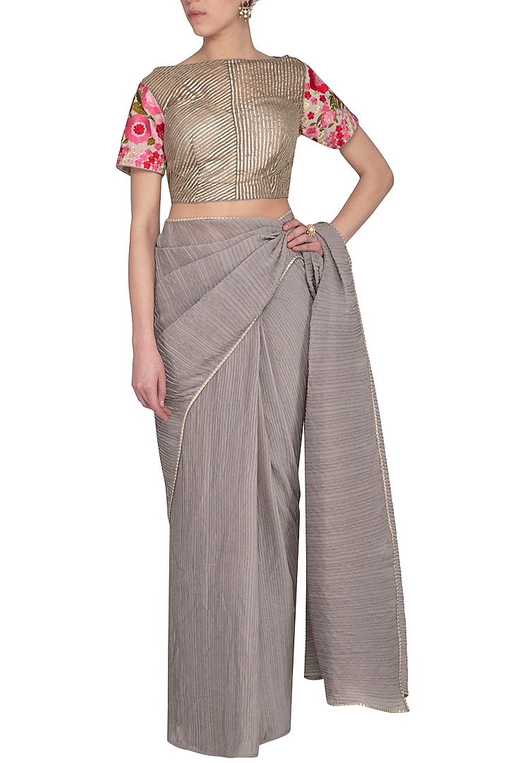 Ash Grey Embroidered Wedding Saree Set by Aashima Behl at Pernia's Pop Up Shop