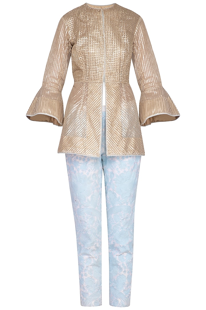 Gold Jacket With Embroidered Pants by Aashima Behl
