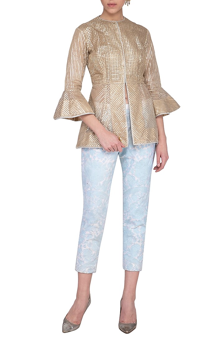 Gold Jacket With Embroidered Pants by Aashima Behl at Pernia's Pop Up Shop